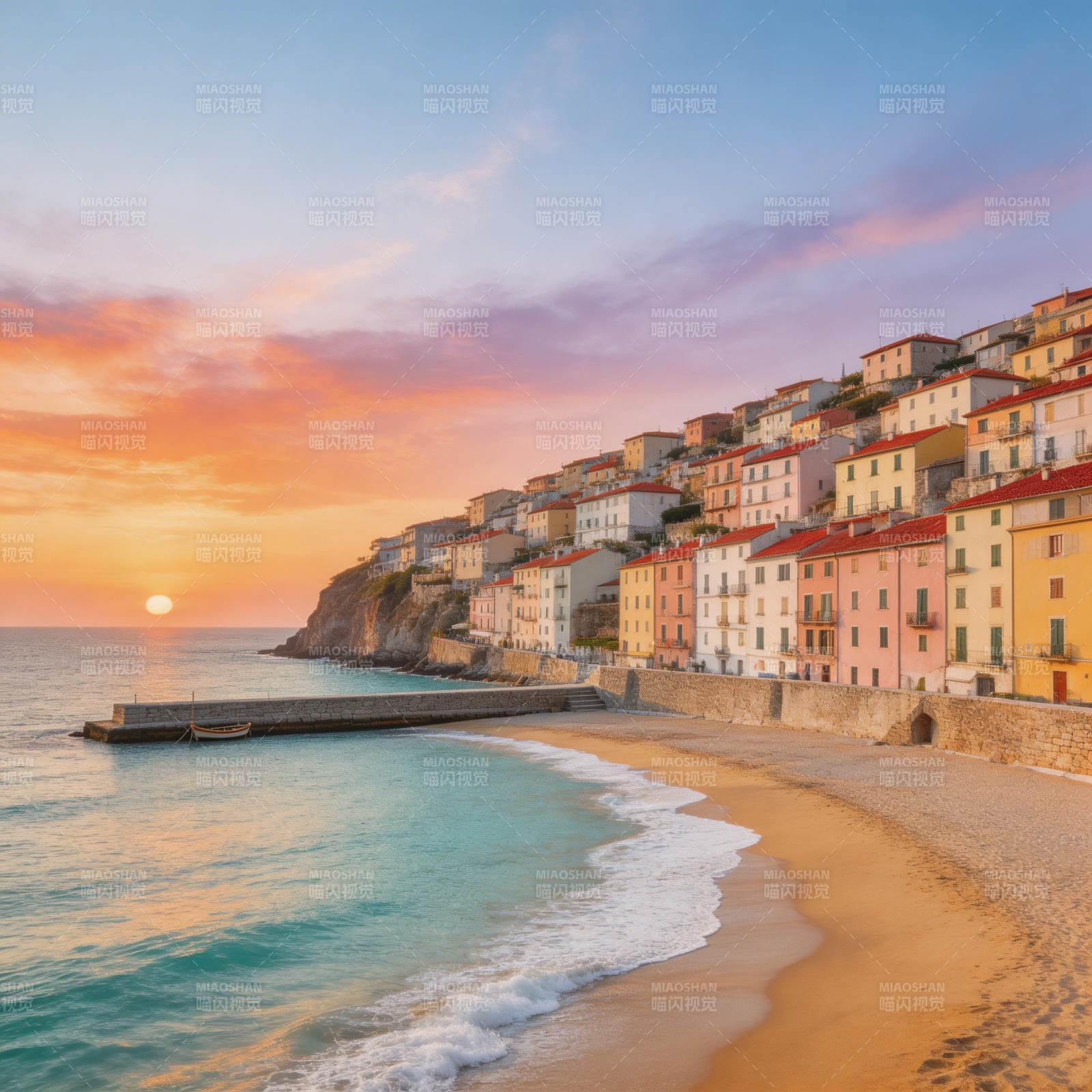 海滨日落小镇图片
