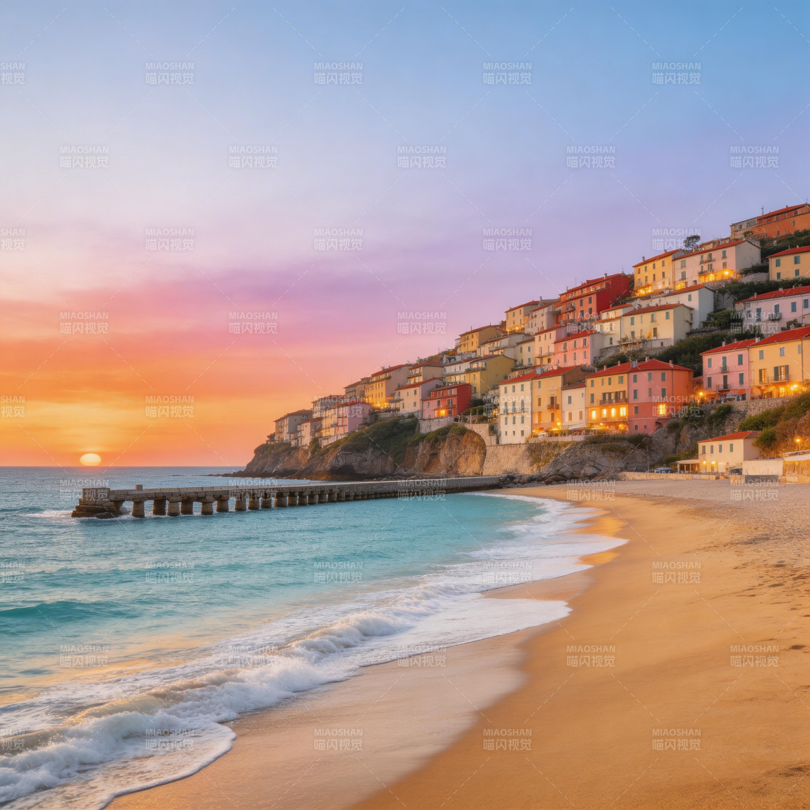 海滨日落小镇图片
