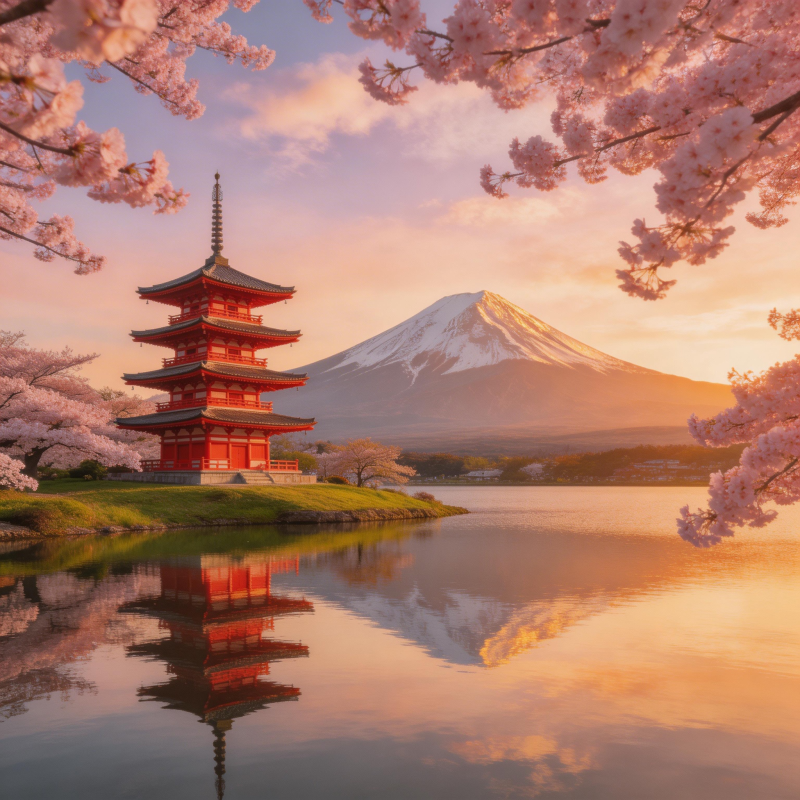 樱花映富士 塔影湖中图片