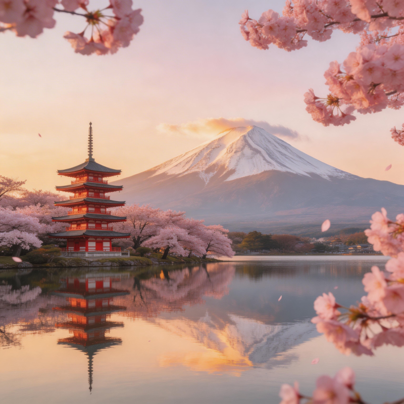 富士樱塔映湖光图片