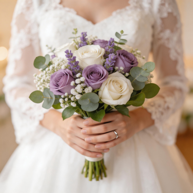 紫白玫瑰婚束图片