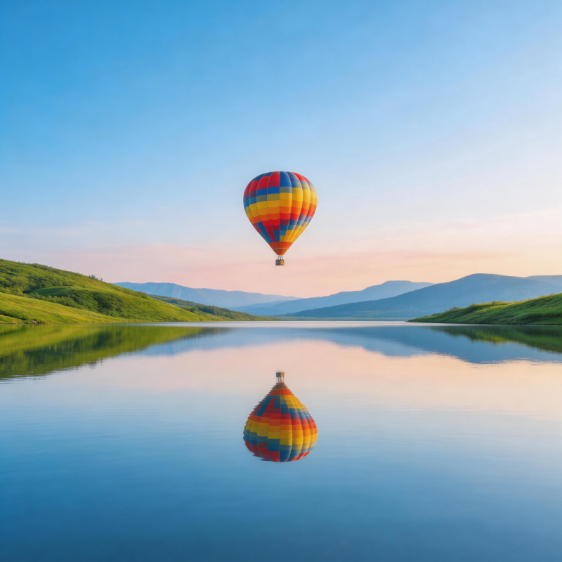 热气球湖上倒影图片