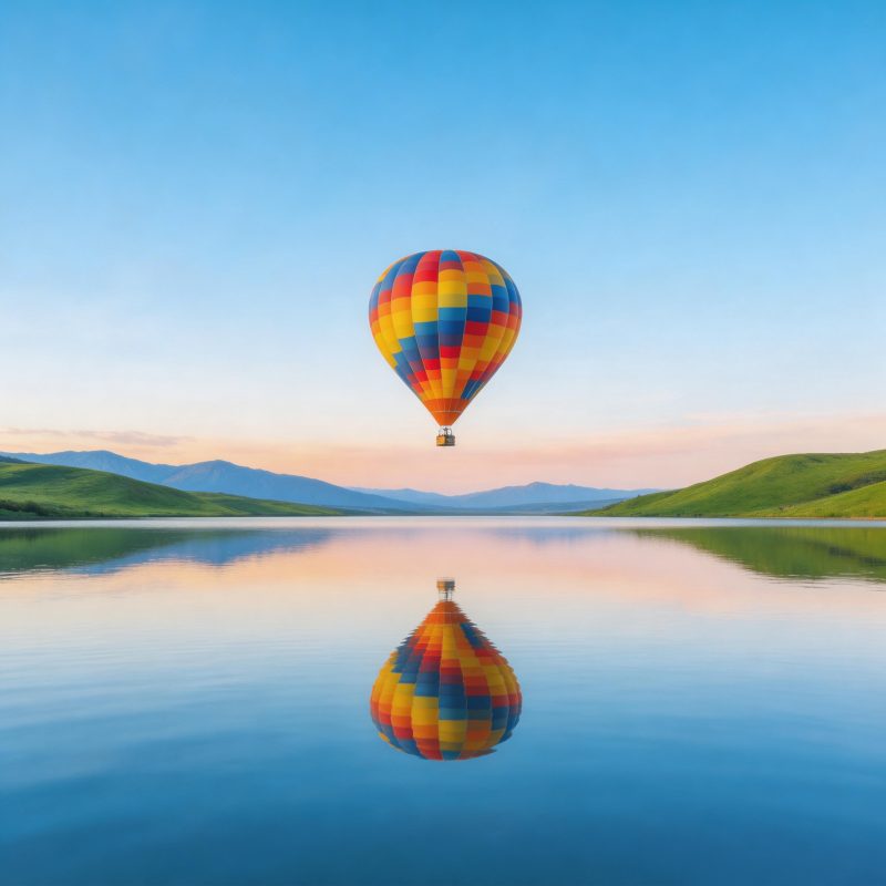 热气球湖面倒影图片