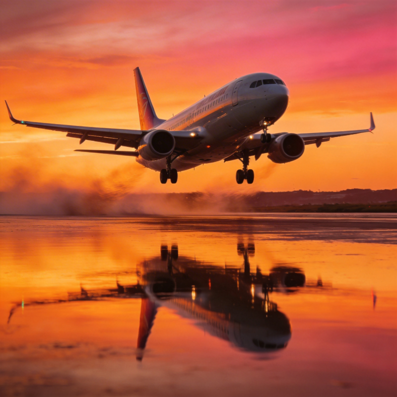 日落时分飞机起飞图片