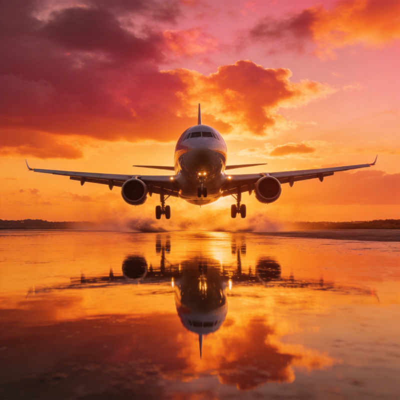 日落时分的飞机起降图片