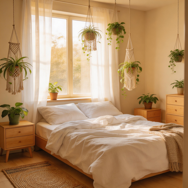 绿植环绕的温馨卧室图片
