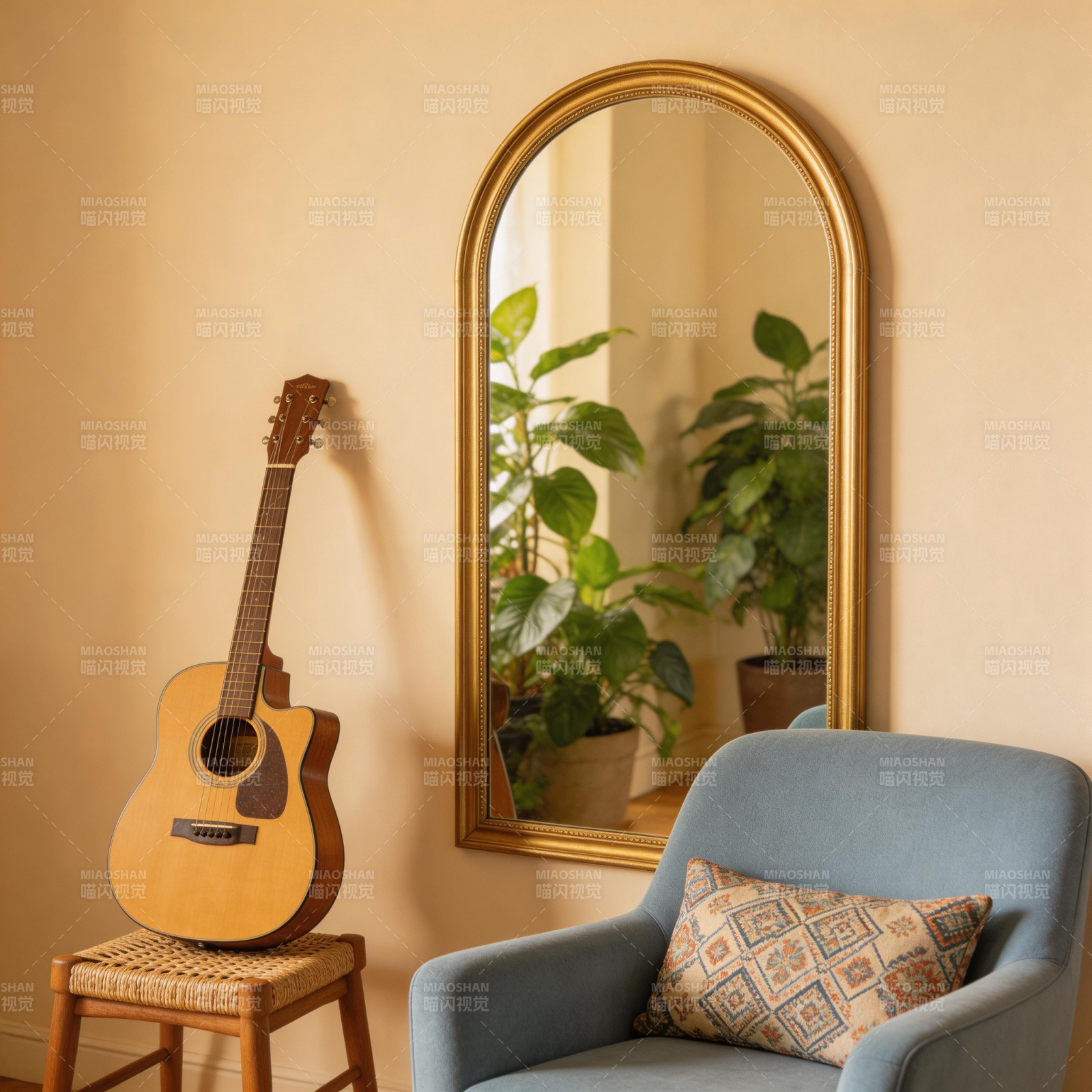 吉他与镜中绿意图片