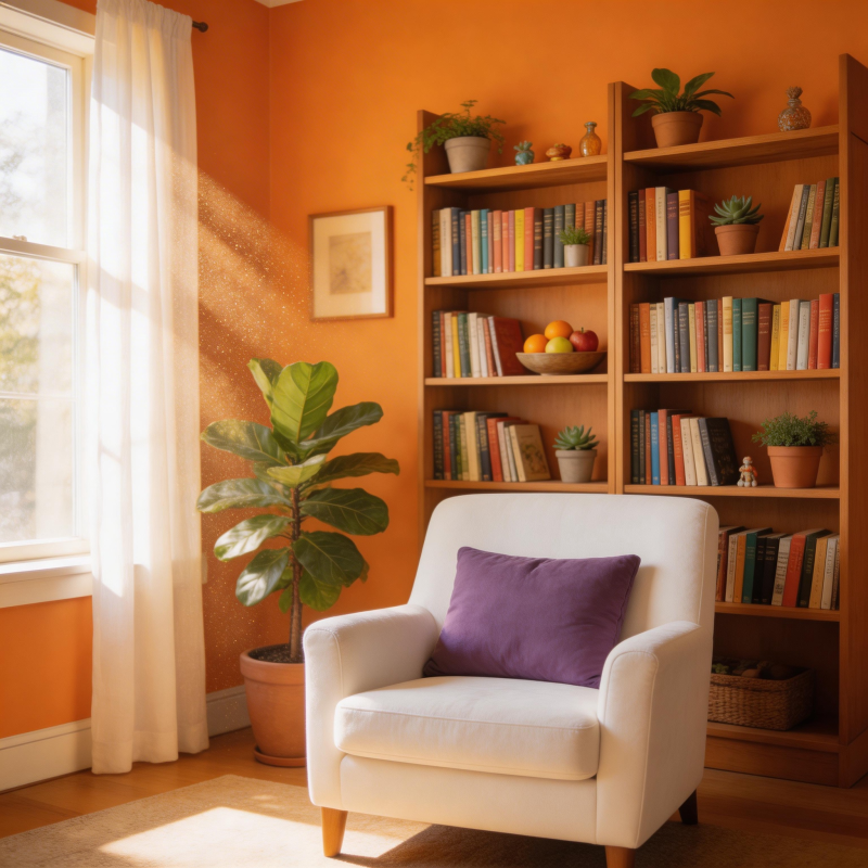 橙色书房静谧一角图片