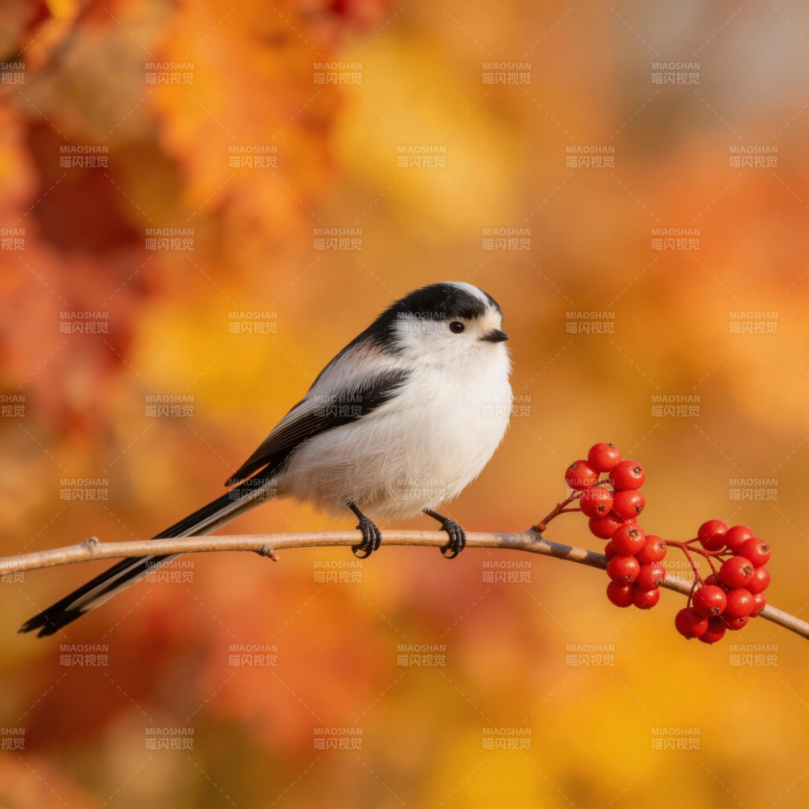 秋鸟栖枝红果旁图片