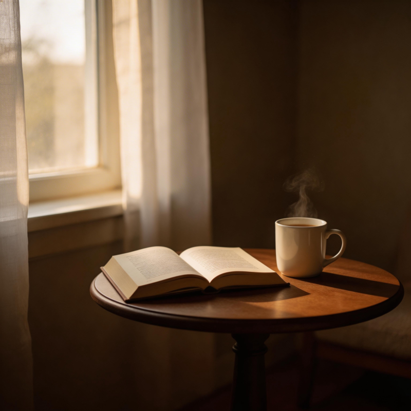 窗边书与热茶图片
