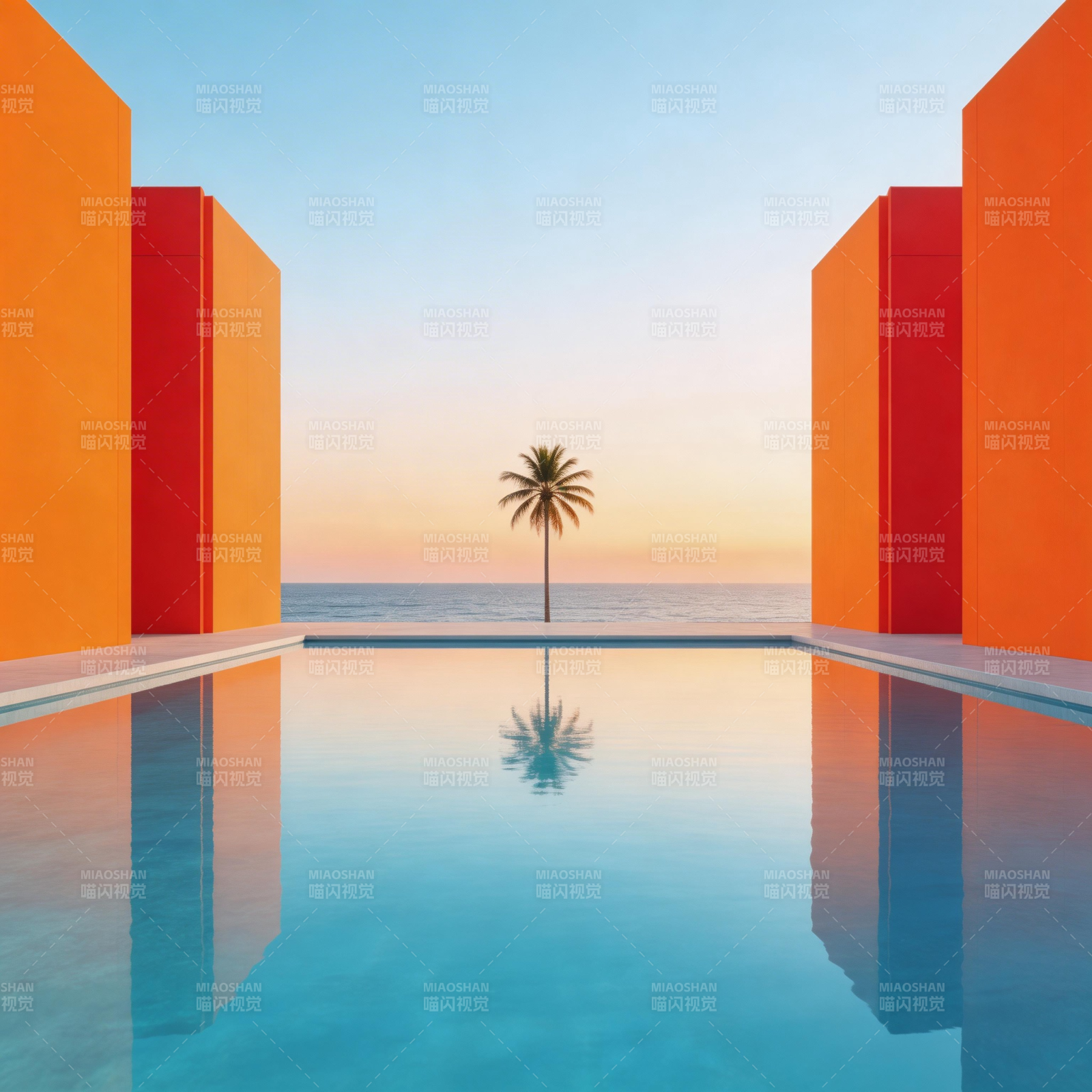 橙色建筑与棕榈树图片