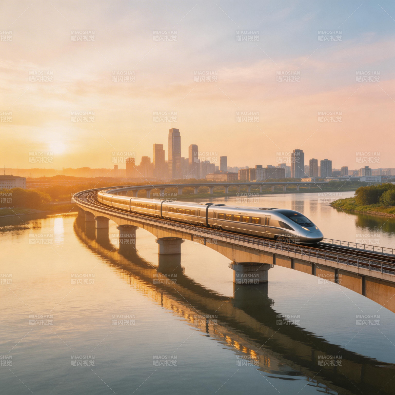 高铁穿城 日出如画图片