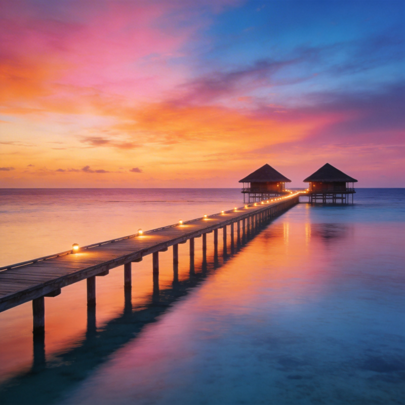 夕阳下的海上栈桥图片