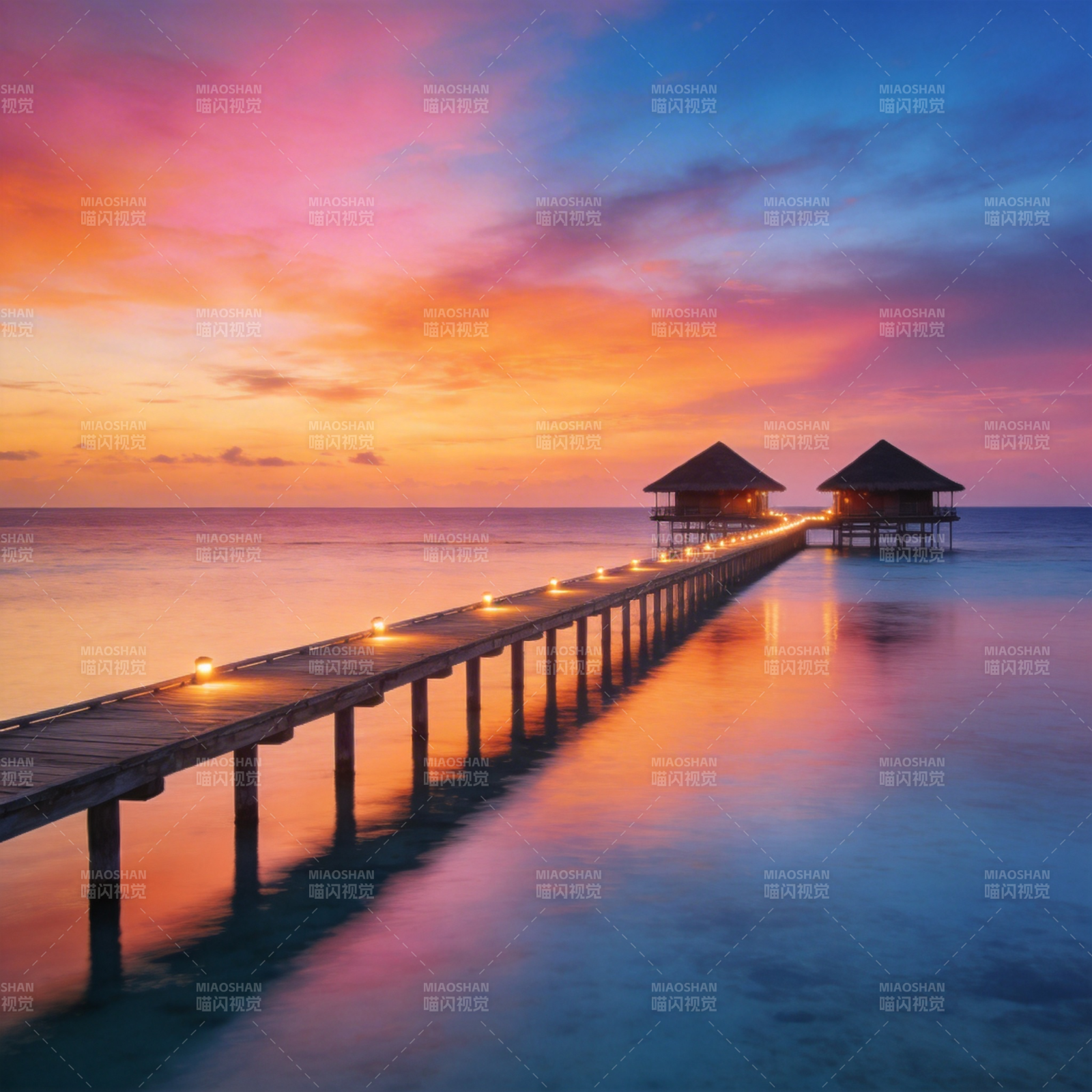 夕阳下的海上栈桥图片