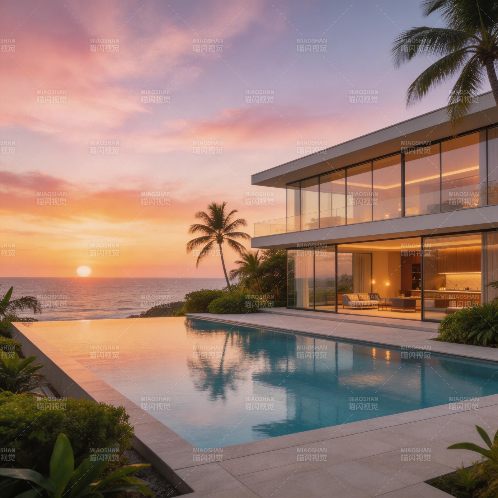 海边别墅日落美景图片