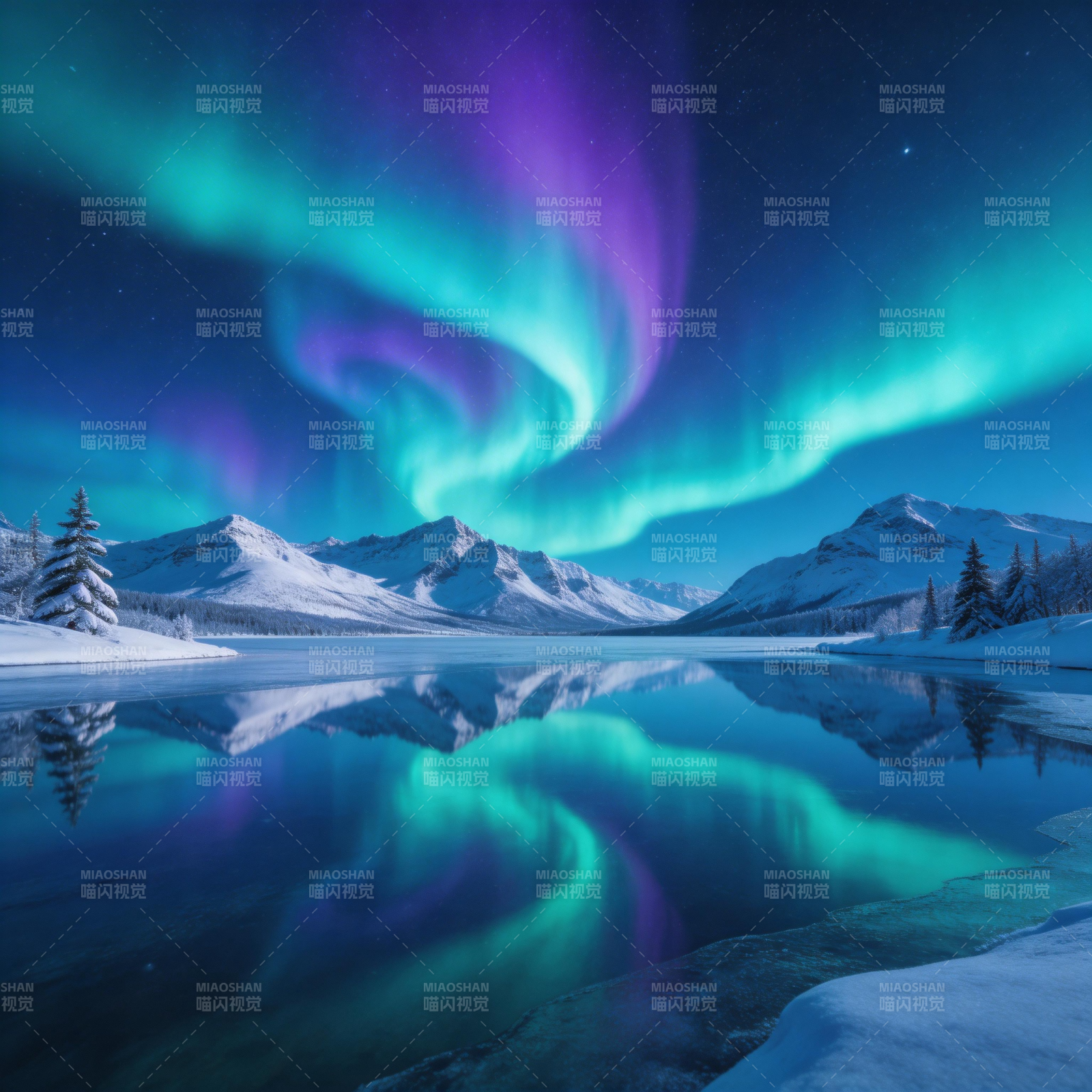 极光映雪湖图片