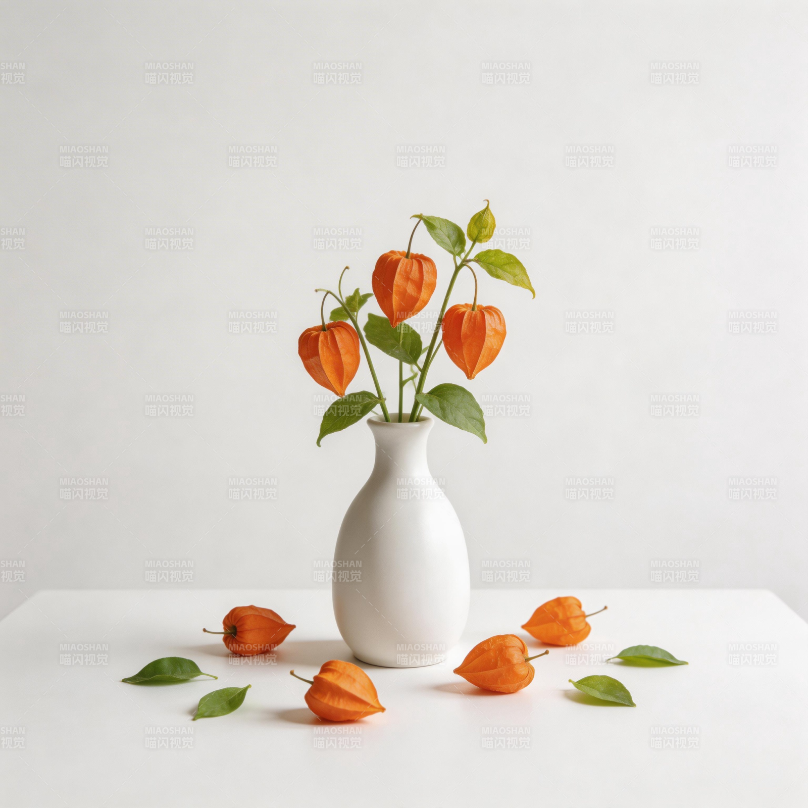 橙果绿叶静物图片