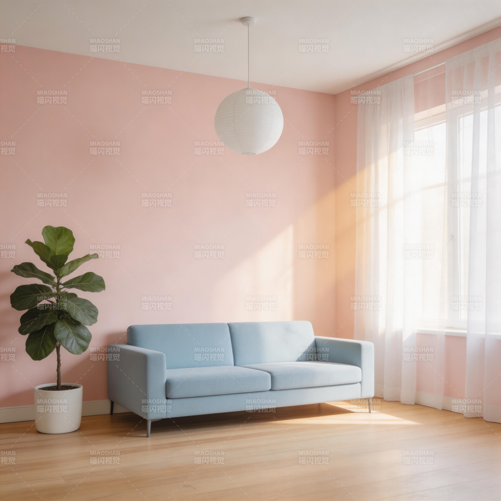 粉墙蓝沙发静谧居图片
