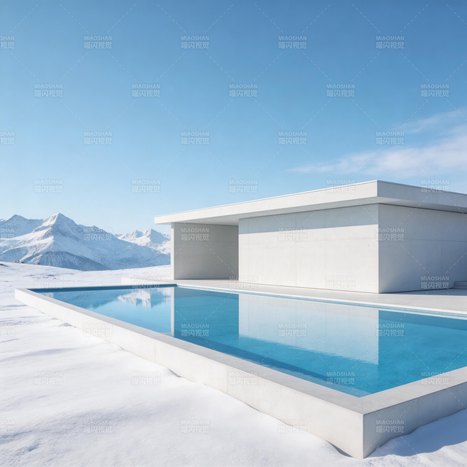 雪中泳池与现代建筑图片