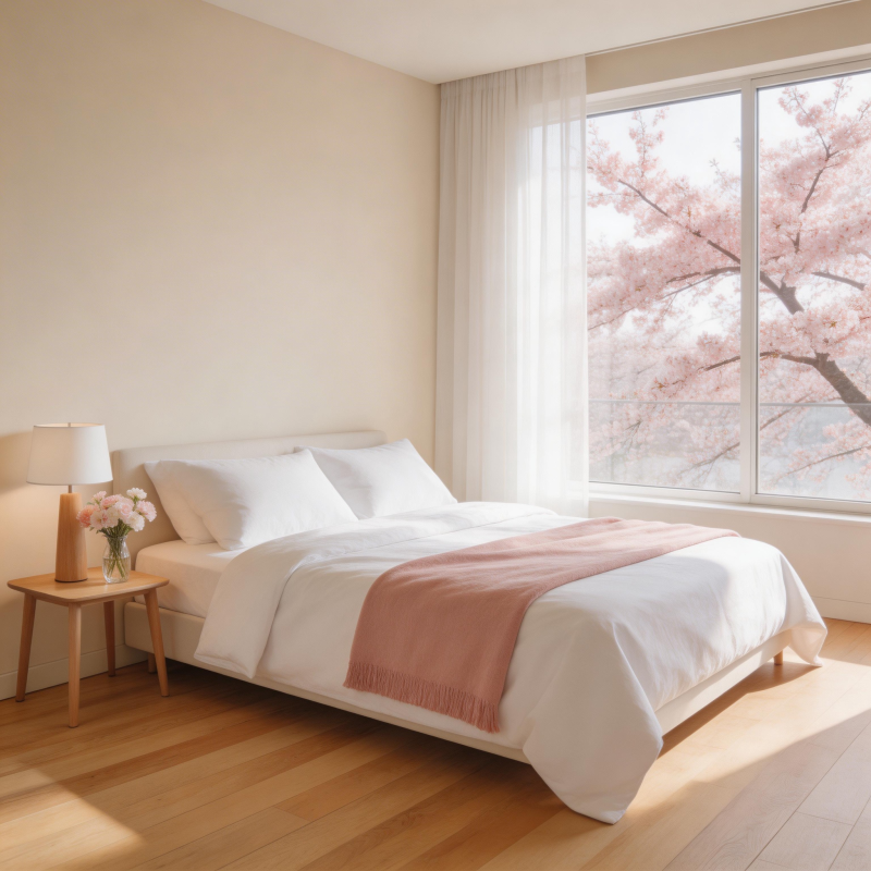 樱花窗边的温馨卧室图片