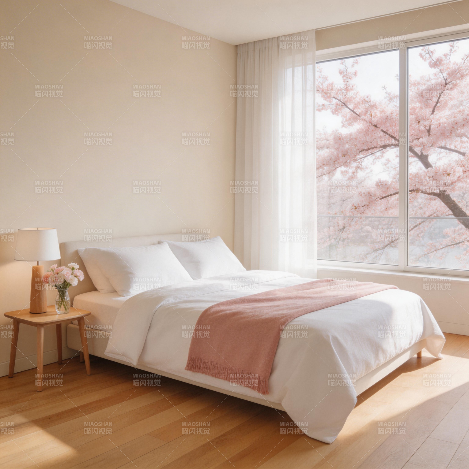 樱花窗边的温馨卧室图片