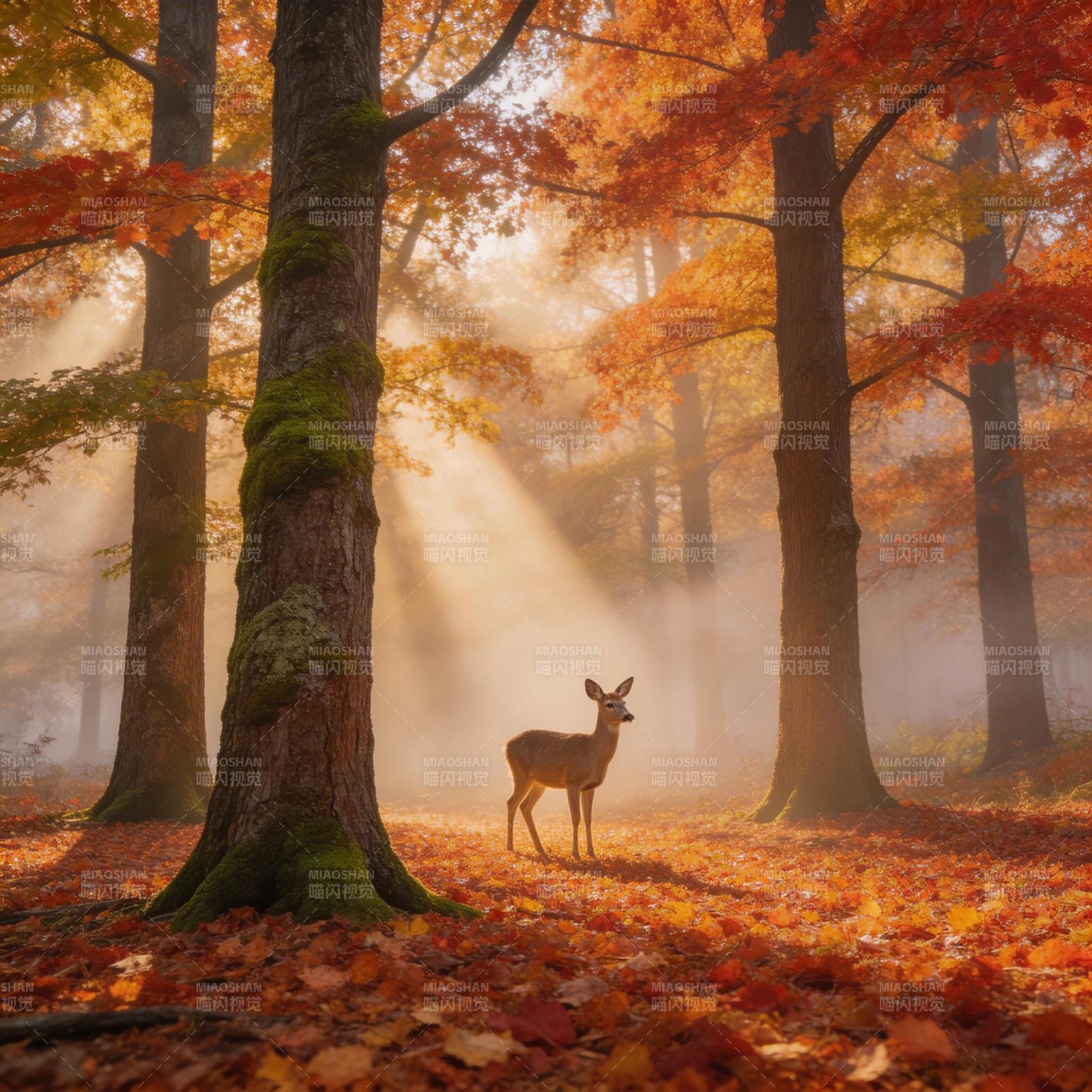 秋林鹿影图片