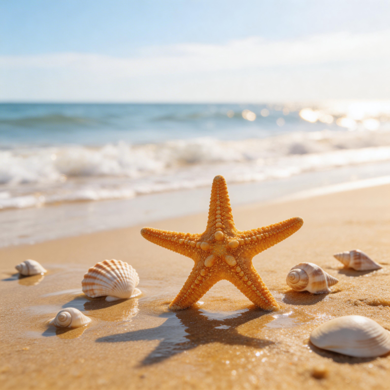 海滩上的海星与贝壳图片