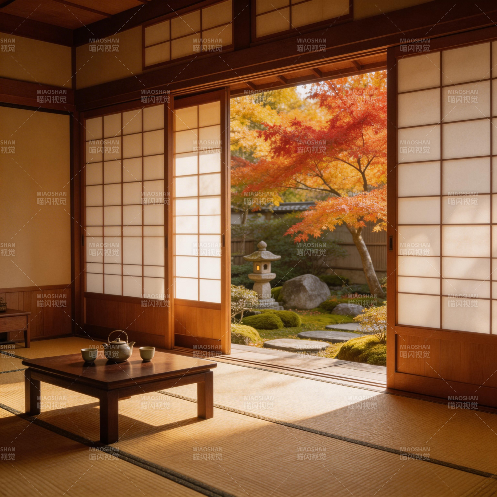 秋庭茶室静谧景图片