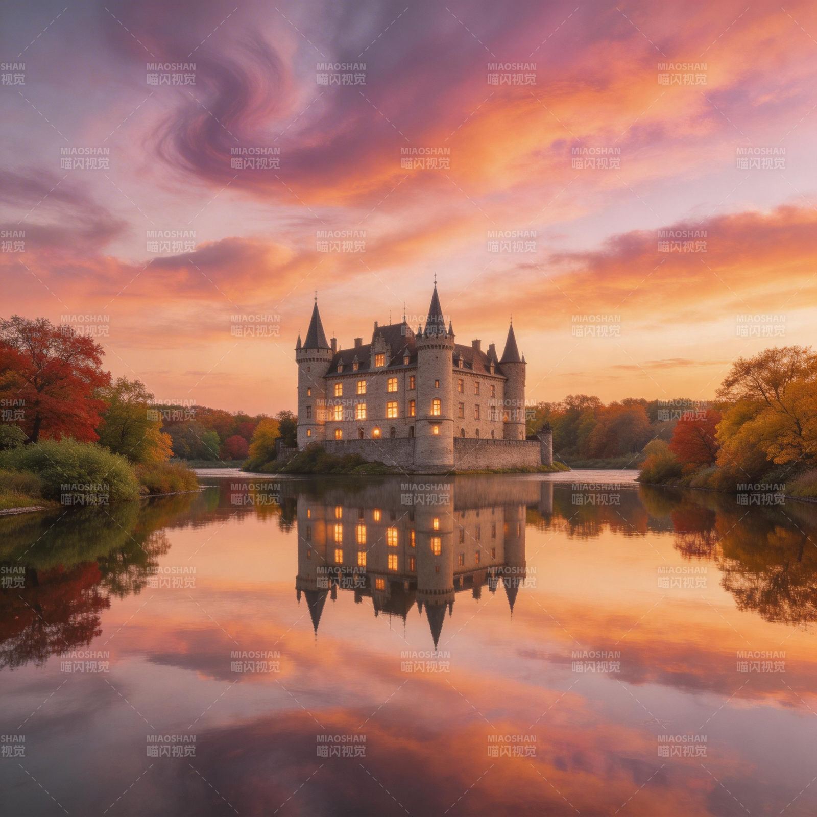 秋湖映古堡图片