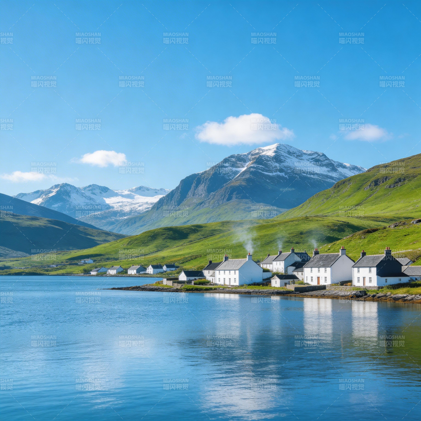 湖畔雪山小屋图片