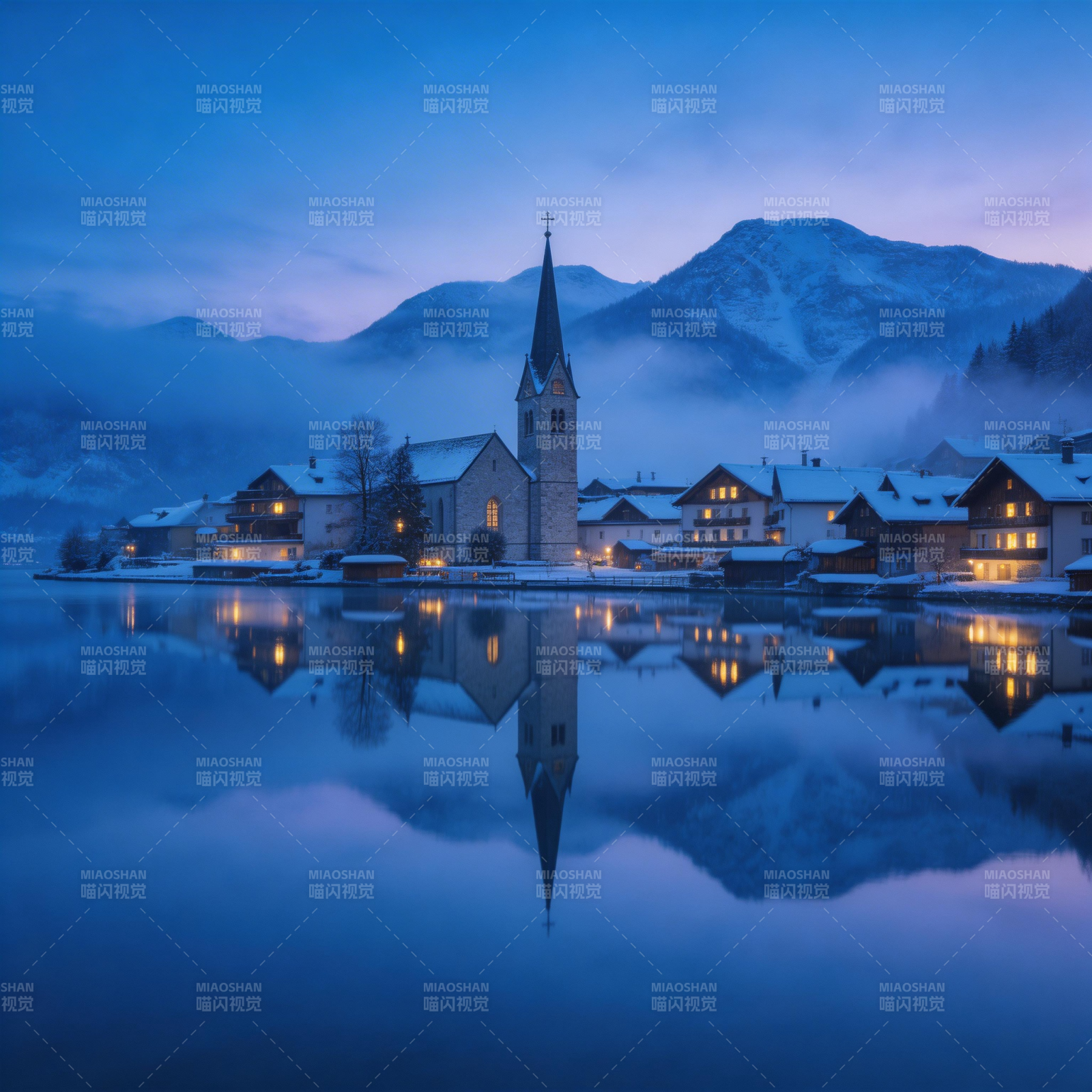 湖畔雪夜教堂倒影图片
