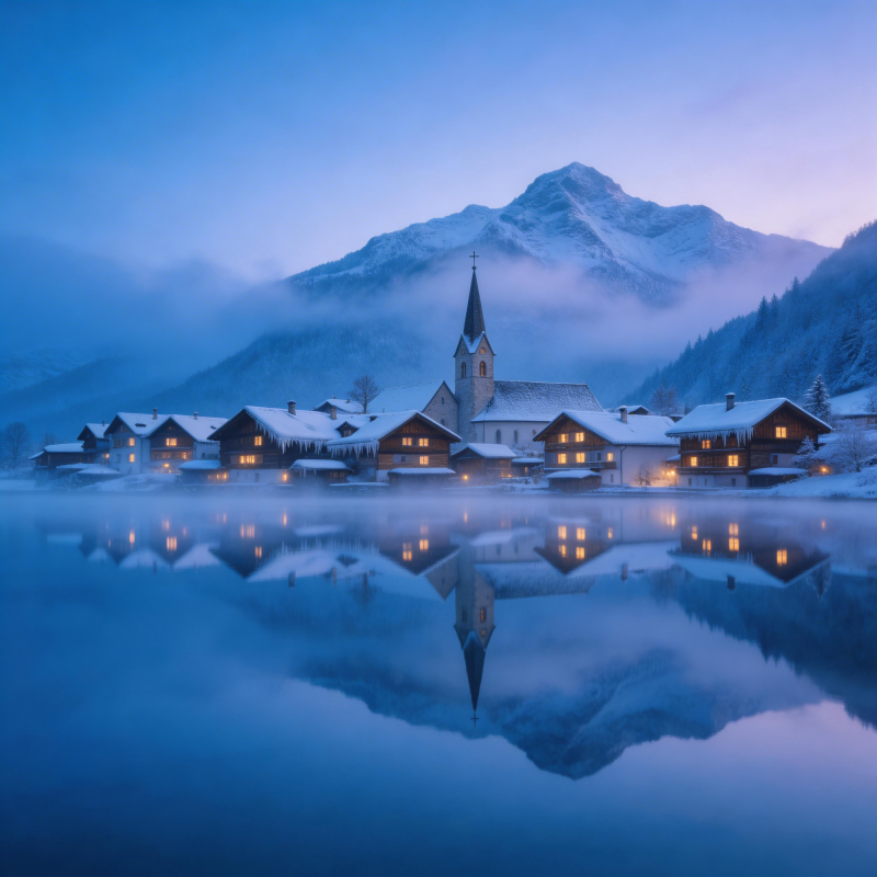 雪夜湖畔小镇图片