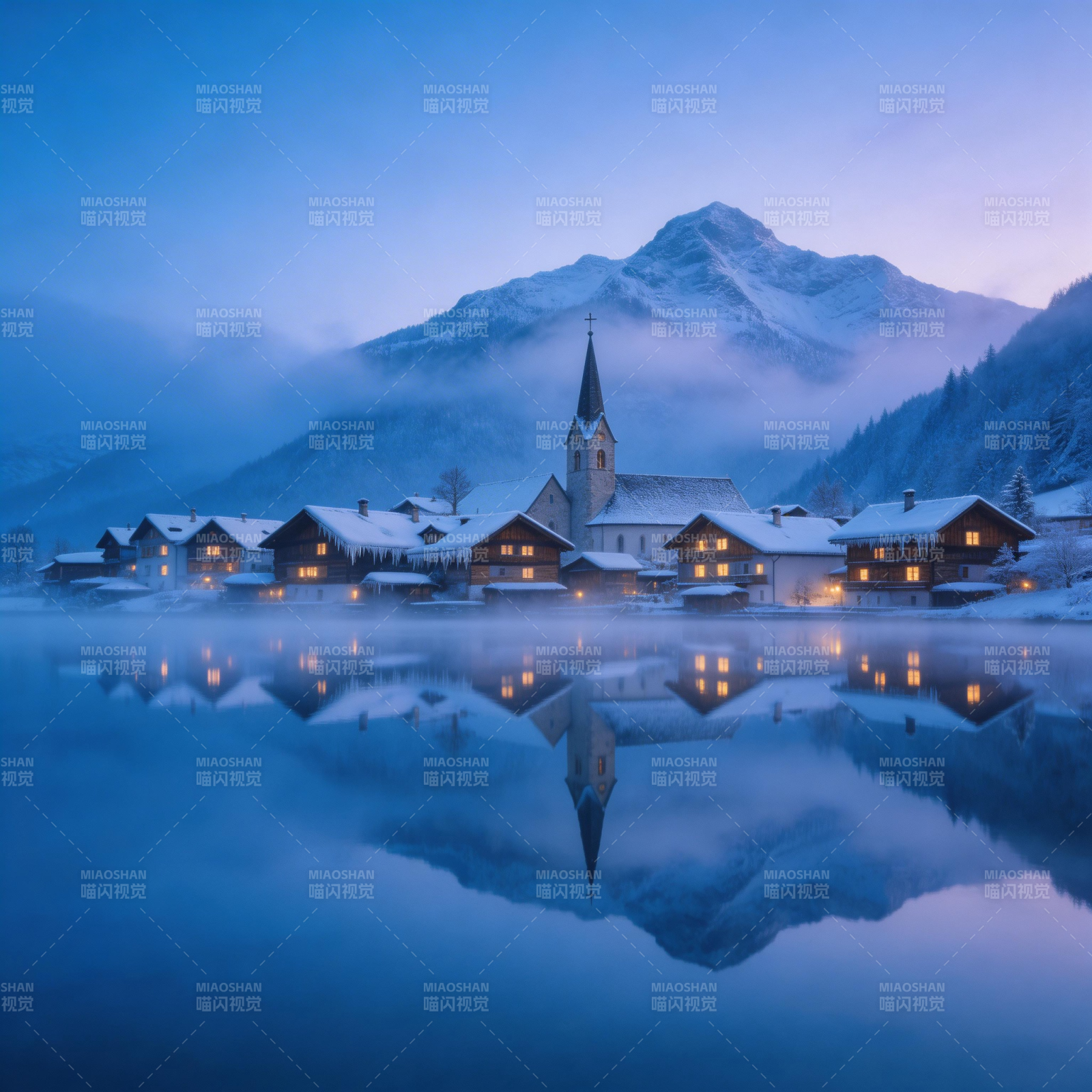 雪夜湖畔小镇图片
