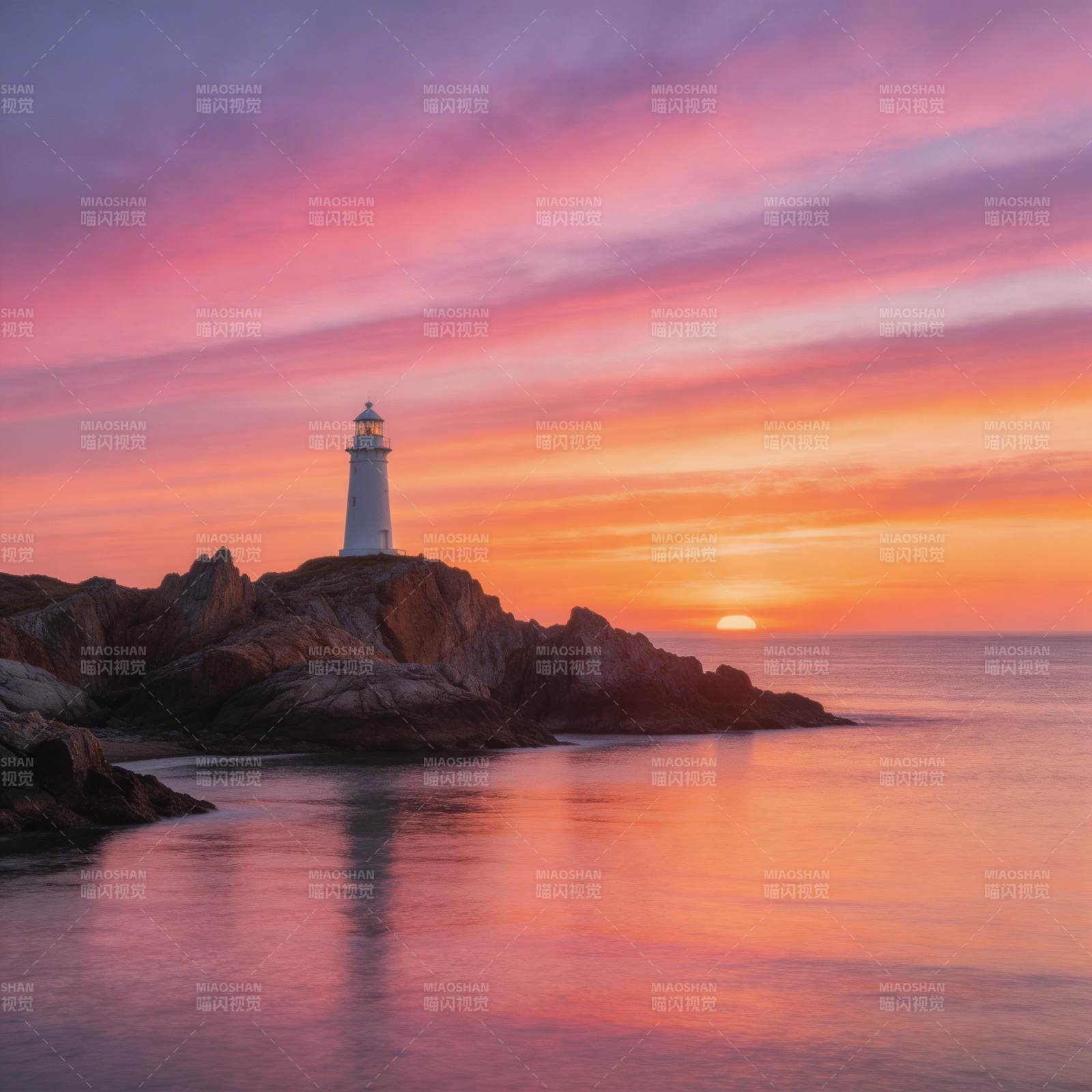 灯塔日落海景图片
