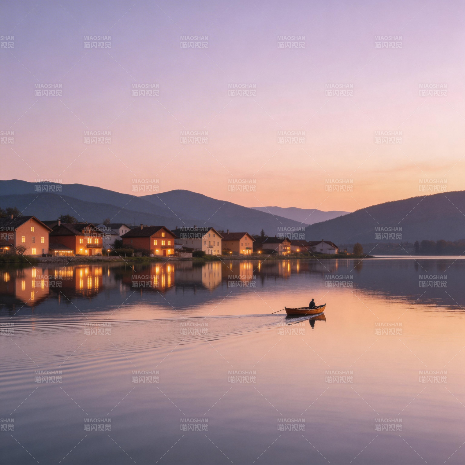 湖畔黄昏静谧景图片
