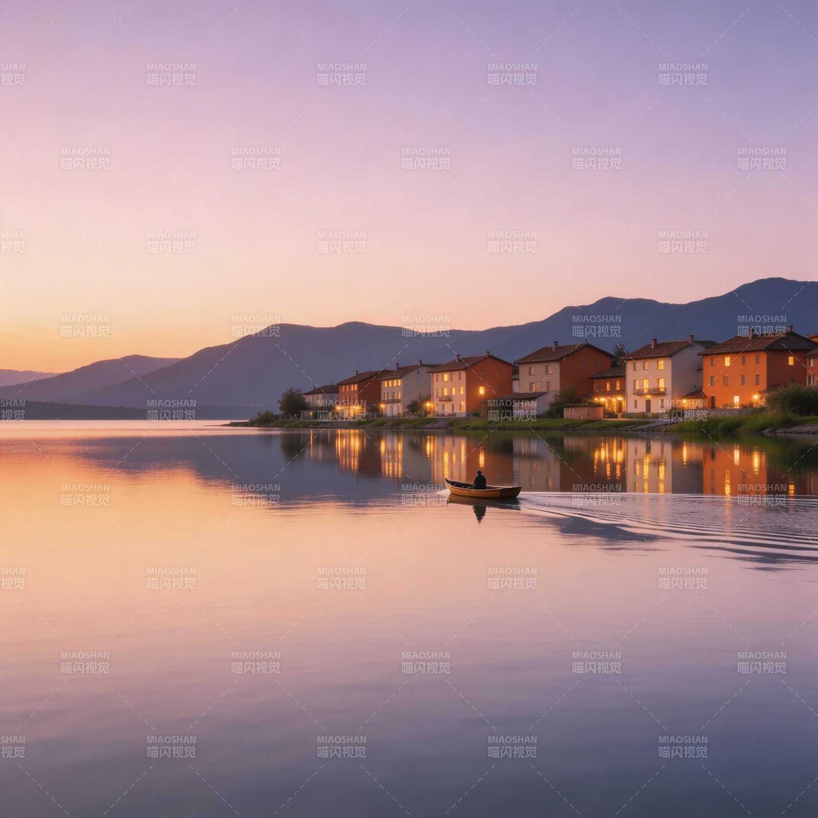 湖畔黄昏静谧景图片