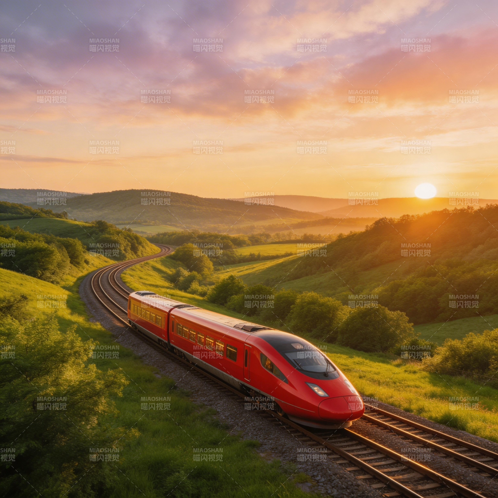 夕阳下的红色列车图片
