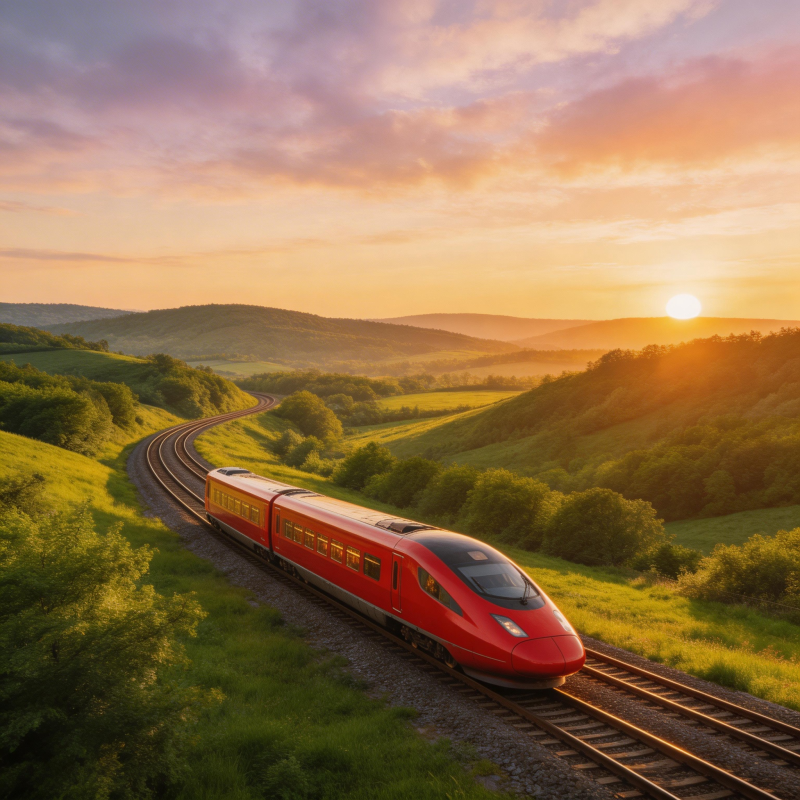 夕阳下的红色列车图片