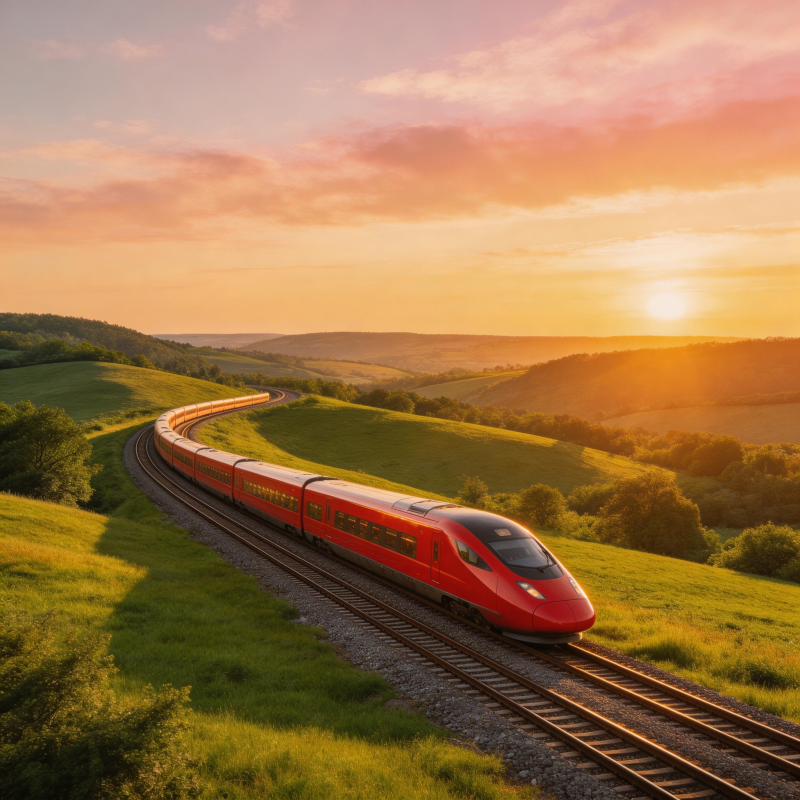 夕阳下的红色列车图片