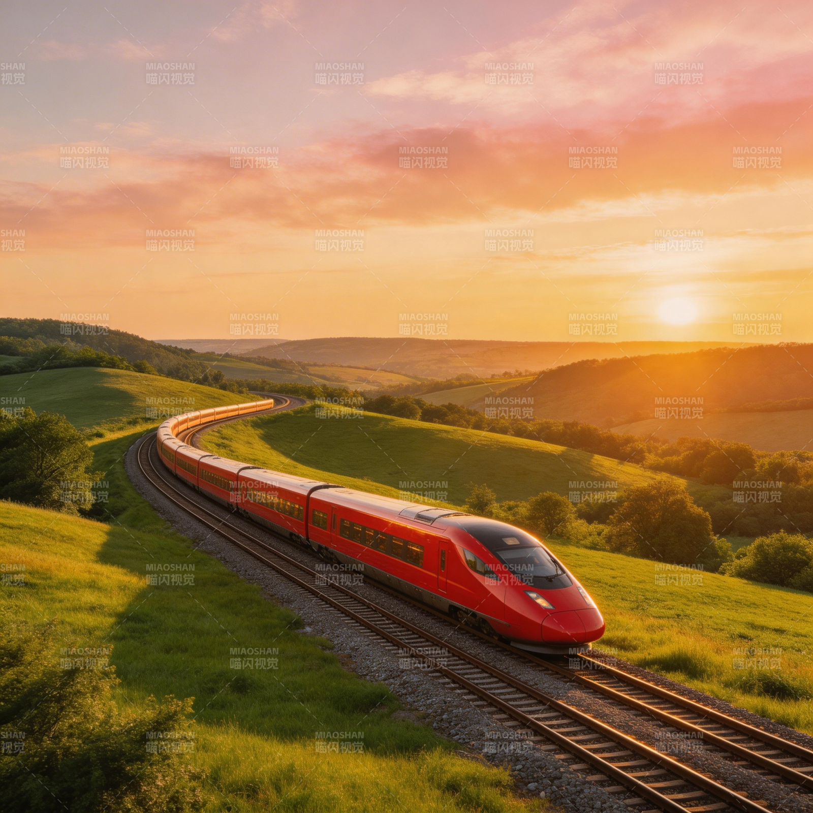 夕阳下的红色列车图片