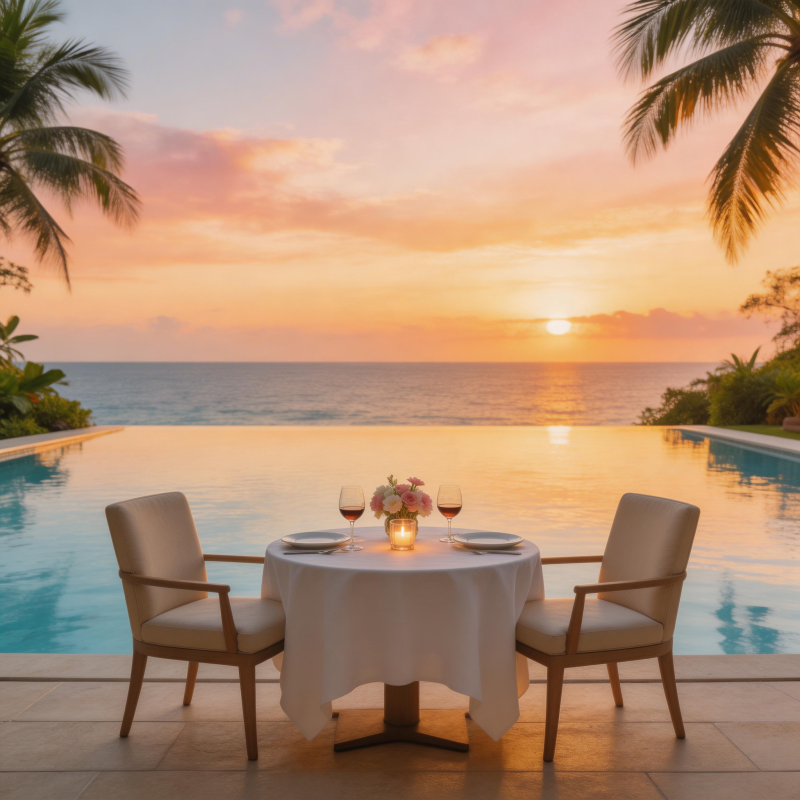 泳池边的浪漫晚餐图片