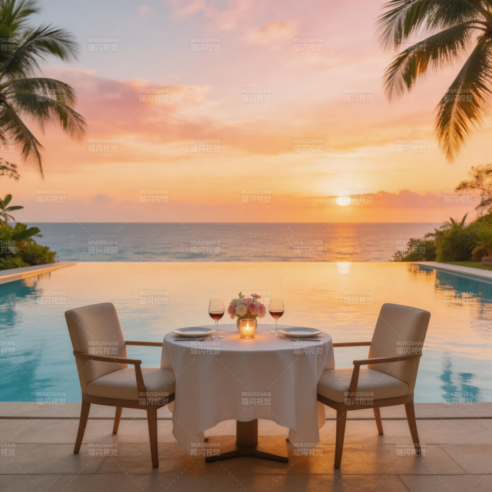 泳池边的浪漫晚餐图片