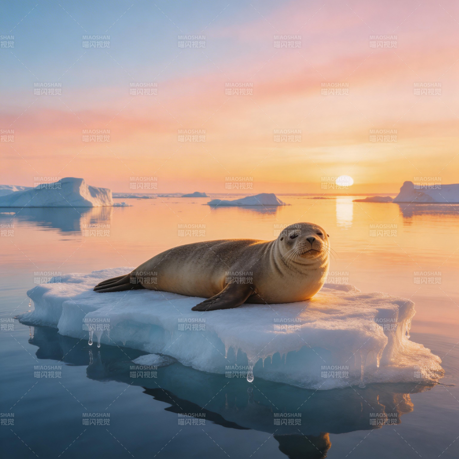 冰海夕阳 海豹静卧图片