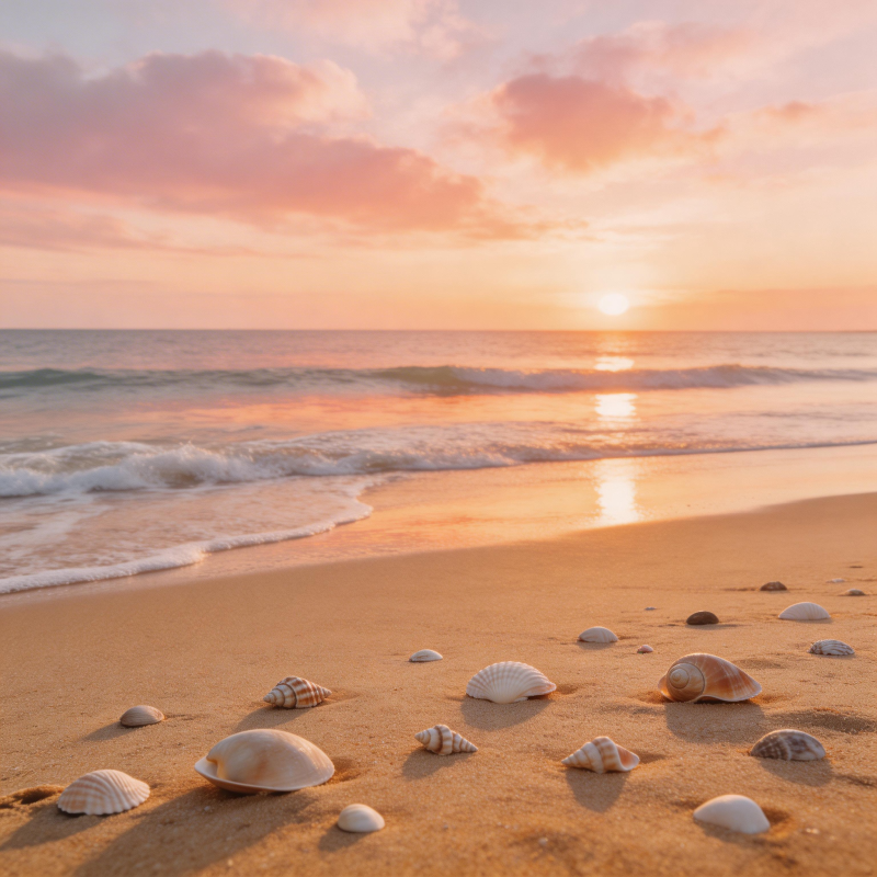 夕阳海滩贝壳图片