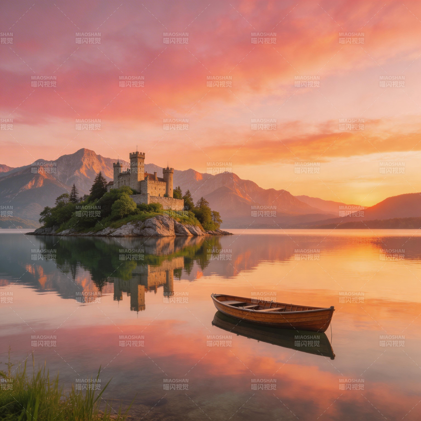 湖心古堡夕照图片