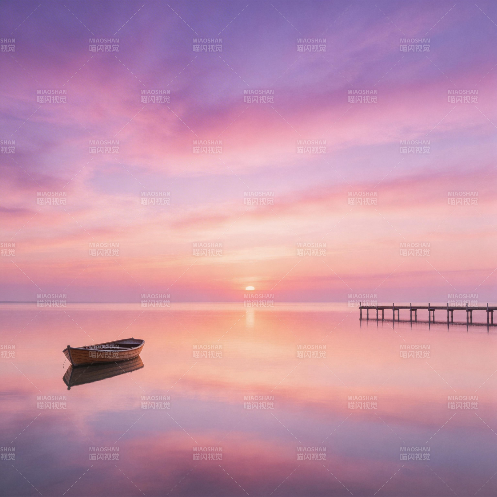 暮色湖心舟影图片