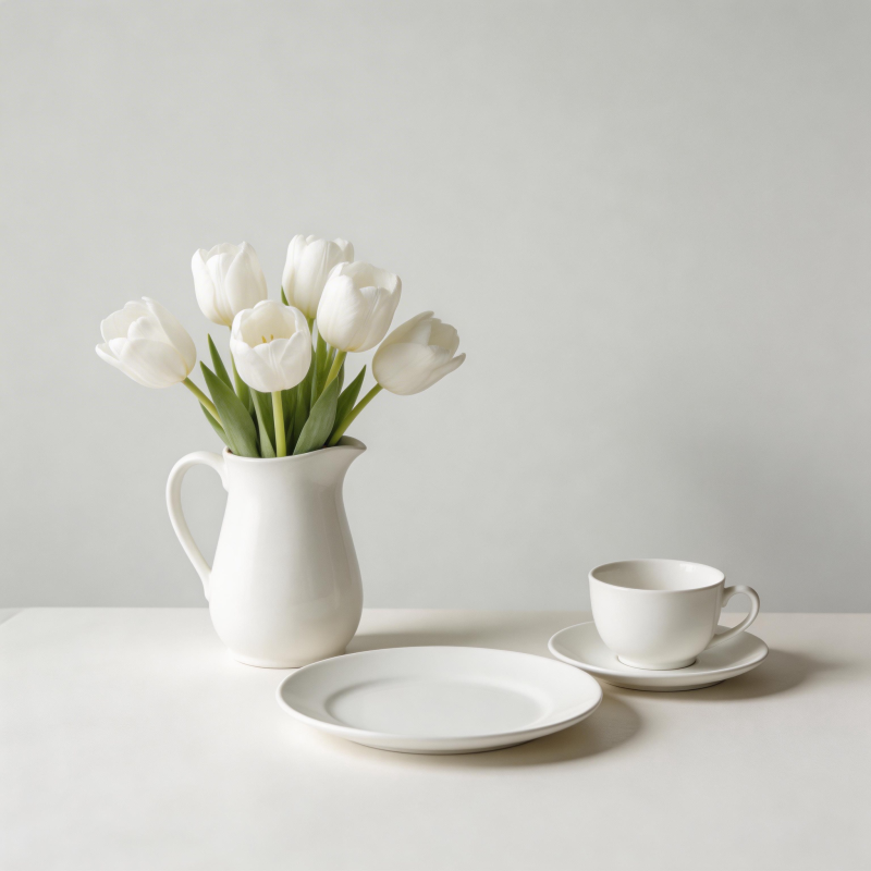 白花与茶具静物图片