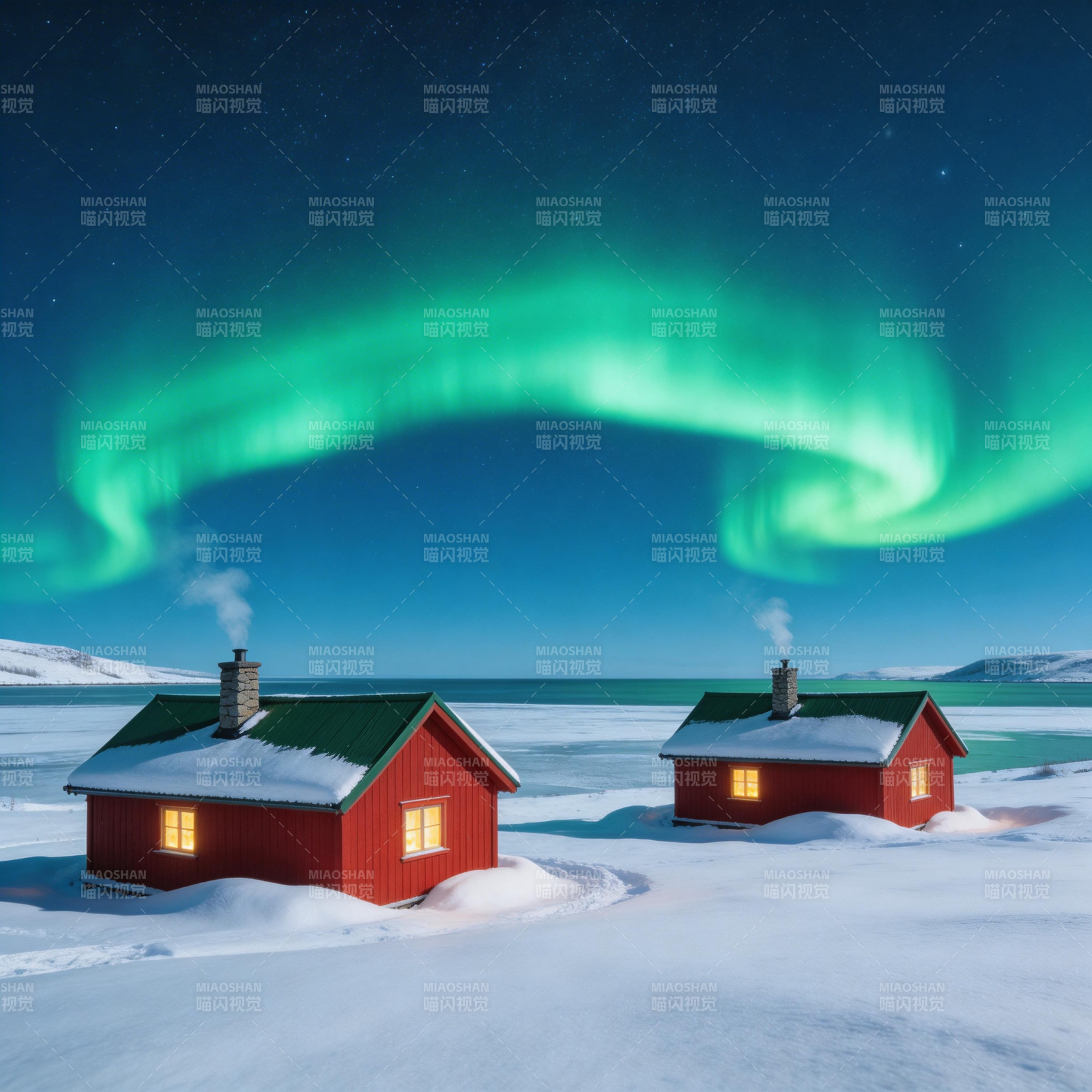 极光下的雪屋图片