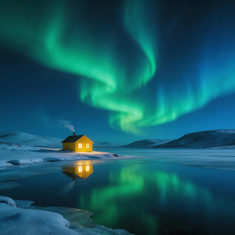 极光映照小屋图片