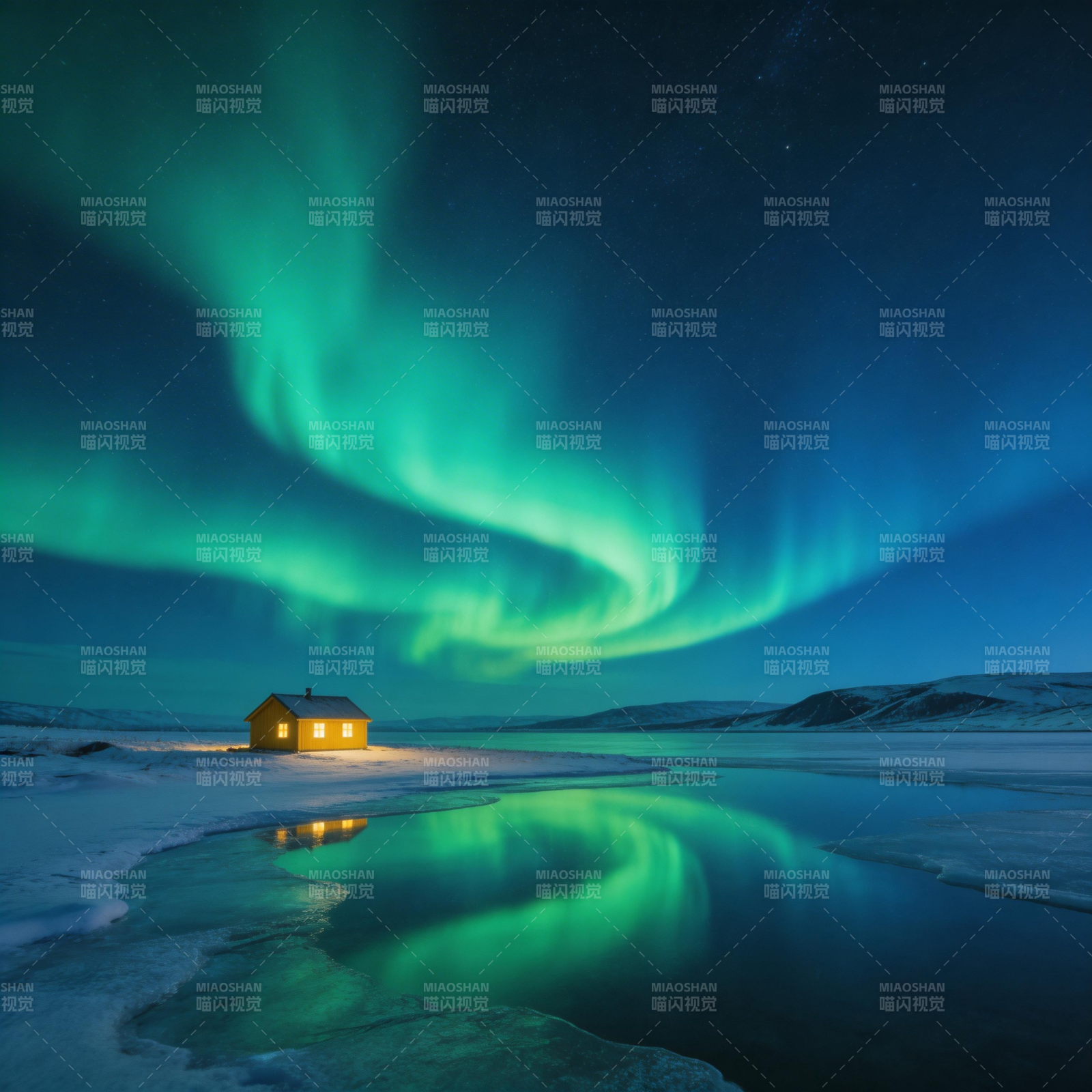 极光映雪屋图片